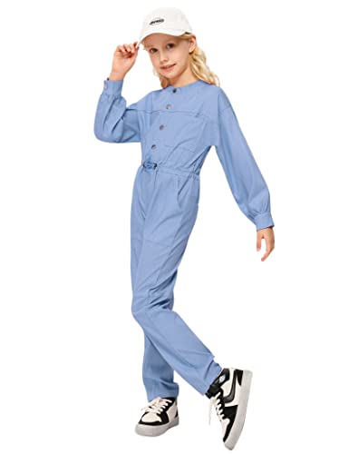 Kukume Girls Long Sleeve Button Down Jumpsuits Straight Leg Cargo Pant With 5 Pockets For 5-6Y #TOP1
