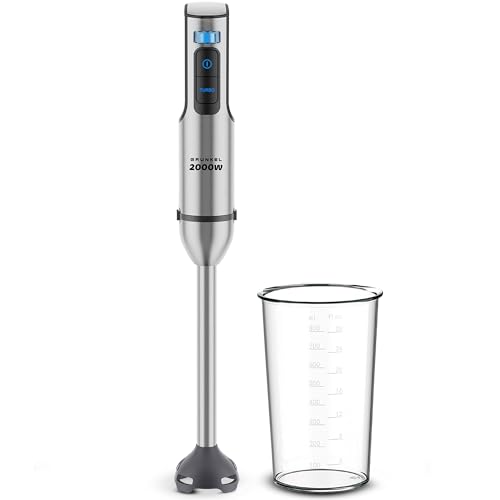 Grunkel - Batidora de Mano potente de 2000W Acero Inoxidable, Vaso incluido y opción set accesorios con Varilla, Picadora y Soporte. Encaje Metalico y Base de Silicona (2000 W y Vaso)