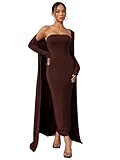 Verdusa Women's Strapless Split Bodycon Tube Dress and Long Sleeve Cardigan 2 Piece Outfit Brown Large
