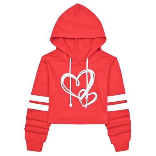 Perfashion Women's Cropped Hoodie Bar Long Sleeve Pullover Red Drawstring Crop Tops Sweatshirt Large