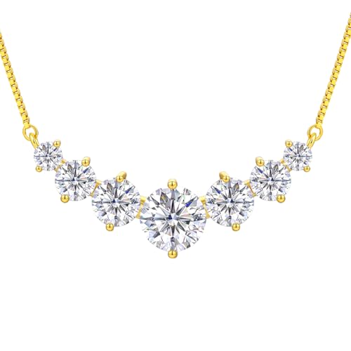 Moissanite Necklace for Women, 5.0 Carat 7 Stones Simulated Diamond Necklace 18k Yellow Gold Plated Sterling Silver Smile Pendant Necklace 16.5+2.5 inch Box Chain with Certificate of Authenticity
