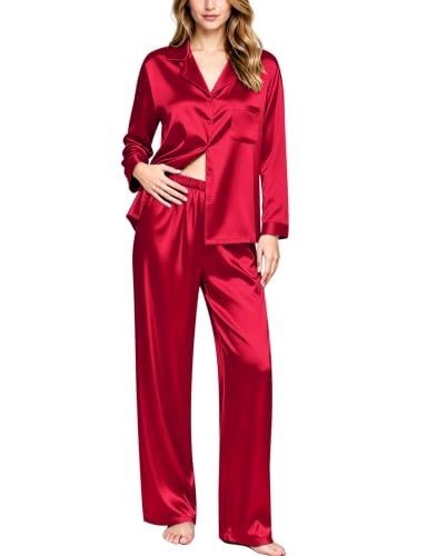 Image of SWOMOG Long Sleeve Pajamas Set Silk Satin Sleepwear Button Down Pjs Loungewear with Pocket
