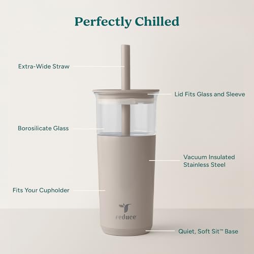 Image of REDUCE Aspen 20 oz Vacuum Insulated Glass Tumbler with Lid & Extra Wide Straw - Keeps Drinks Cold for 12 Hrs - Ideal for Iced Coffee, Smoothies & Boba - Dishwasher Safe, Soft Base - Sand