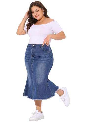 Agnes Orinda Women's Plus Size Denim Skirts Vintage High Waist A Line Fishtail Midi Jean Skirt with Pockets3