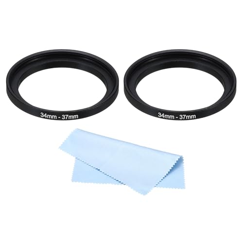 PATIKIL 34mm-37mm Metal Step Up Ring with Cleaning Cloth, 2 Pack Camera Lens Filter Adapter Ring Aluminum Filter Adapter Ring for Camera Lenses Hood, Black