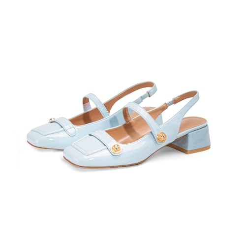 Image of Slingback Mary Jane Heels for Women Low Block Heel Closed Square Toe Pump Shoes Heels Classic Daily Office Dressy Shoes
