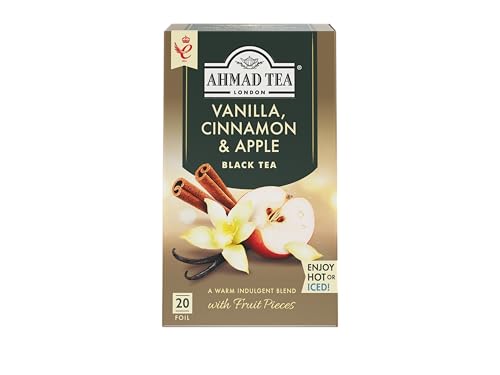 Ahmad Tea Vanilla Cinnamon Apple - Te negro con sabor a vainilla, canela y manzana - Bolsitas de te envueltas individualmente y selladas con aroma con 2 g de te por porcion - 20 bolsitas de te