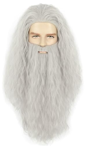 yuehong Adult Long Grey Curly Mens Wig Big Beard Wizard