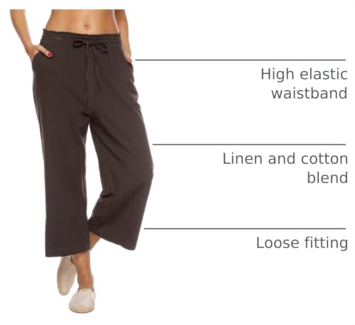 Image of LNX Womens Linen Capri Pants Wide Leg High Waisted Drawstring Casual Cropped Pants with Pockets