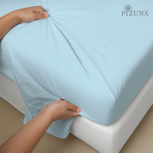Image of Pizuna 100% Cotton Bedsheet Super King Size Baby Blue, 600 Thread Count Long Staple Combed Cotton Flat Bedsheets 108x108 Inches with 4 Pillow Covers, Bed Sheet for Super King Size Bed