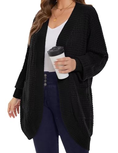 Image of MONNURO Womens Plus Size Open Front Cardigan Waffle Knit Long Sleeve Sweaters Tops Fall Coat Outerwear with Pockets