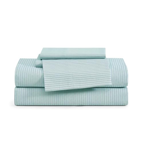 Image of Tommy Hilfiger - King Size Sheet Set, Crisp & Tailored Sheets with a Smooth Cotton Percale Lightweight Feel - Bed Sheets with Matching Pillowcases & Fitted Sheet (Highland Ticking Stripe Green)