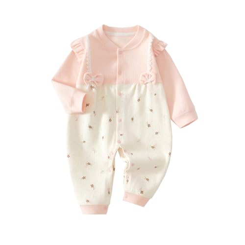 Babykoiベビー服長袖ロンパース春秋新生児カバーオール前開き赤ちゃん女の子出産準備贈り物蝶結び花柄ピンク6M