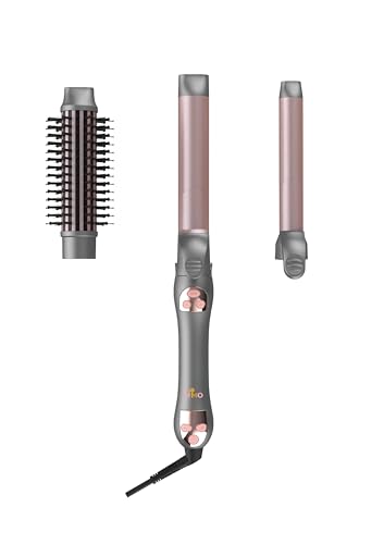 3 in 1 Interchangeable Automatic Rotating Curling Iron & Thermal Brush Set, (1''-1.25'') Curling Iron, Automatic Hair Curler with 1.5'' Heating Round Curling Brush, Instant Heat-Up, Gray