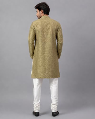 Image of LATEST CHIKAN Men's Silk Chikankari Kurta with Cream Churidar | Festive Set - KP Silk BANARSI