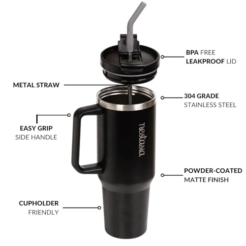 Image of Nestasia GripSip40 Tumbler with Straw & Side Handle 1.2L | Insulated Stainless Steel Sipper Water Bottle for Adults with Dual Flip Opening Sip-Swig Leakproof Lid for Office & Gym (Black Noir)