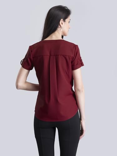 Image of FableStreet Women Formal Top | Asymmetrical Button Placket Band Collar Three-Quarter Sleeves | Pure Cotton Smooth Fabric for Office & Workwear