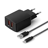 Listo para usar: Hemos preparado un cable Micro USB para que uses este cargador directamente sin tener que comprar un cable adicional. El cable trenzado de nailon de 1 m de largo es cómodo y duradero para el uso diario. Puede usarlo directamente para cargar teléfonos móviles, tabletas, lectores electrónicos, auriculares inalámbricos, altavoces Bluetooth, radios, juguetes eléctricos, dispositivos electrónicos portátiles y otros dispositivos con un puerto Micro-USB.