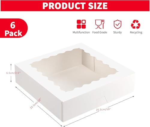 Sivaopa 6-Pack Bakery Boxes with Window 10x10x2.5-inch Six-Grid Cake Box Set, Disposable Food-Grade Baking Packaging Boxes, Suitable for Birthday Parties and Festival Celebrations