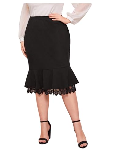WDIRARA Women's Plus Size Ruffle Bodycon Fishtail Skirt High Waisted Lace Trim Midi Skirts