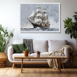 Tableau vintage voilier peinture navire déco nautique 60x80cm