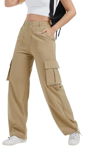 AVAMO Cargo Pants for Women with Pockets High Waist Lightweight Stretchy Hiking Casual Streetwear Baggy Wide Leg Pants Khaki XL