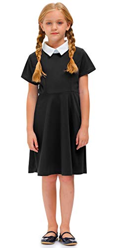 Besserbay Kid Girls Doll Collar Short Sleeve Flare Dress Casual Skater Peter Pan Collar Black Midi Dress 7-8 Years #TOP3
