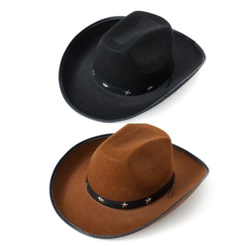 VIROSA Western Cowboy Hat Set, Black and Brown, Adjustable Fit, Lightweight Festival Costume Headwear for Men and Women, 2 Pack