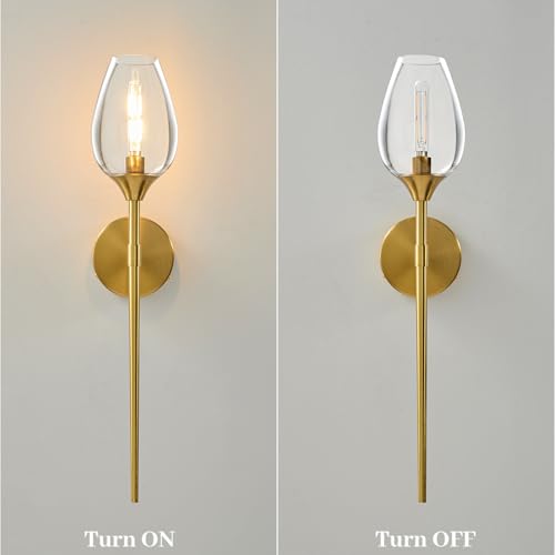 Image of Set of 2 Gold Glass Wall Sconce Light,Vanity Light with Flower Shade | Decorative Wall Sconces Lights over Mirror,Indoor Brass Bathroom Vintage Vanity Lighting for Bedroom Living Room