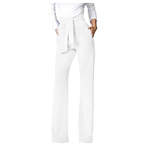 Pantalones Mujer Elegante Fiesta Moda Pantalones Anchos Largos Unicolor Anchos Fashion Pantalones De Tiempo Libre Pantalones De Traje Bastante con Cordón (Color : Blanco, Size : M)