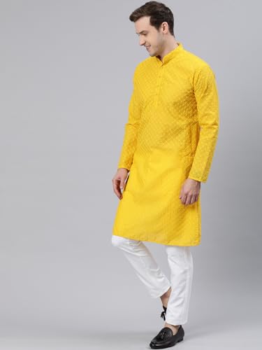 Image of Majestic Man Men's Cotton Blend Regular Fit Casual Polyester Mandarin Collar Ethnic Motifs Embroidered Long Regular Kurta