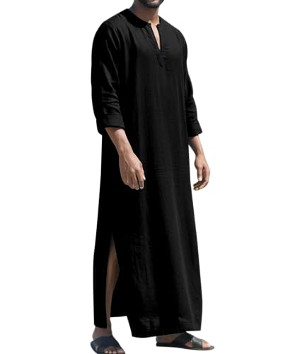 LVCBL Herren Muslim Kaftan Robe V-Ausschnitt Lange Ärmel Retro Tuniken Abaya Lose Kandoura Schwarz 2XL