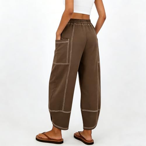 Women's Harem Pants Cotton Linen Baggy Boho Summer Pants High Waisted Loose Fit Joggers for Travel Vacation Trousers Coffee — view 3