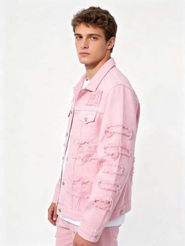 Image of Men's Denim Jacket Patchwork Fringe Jacket Slim Jean Jacket Streetwear Coat