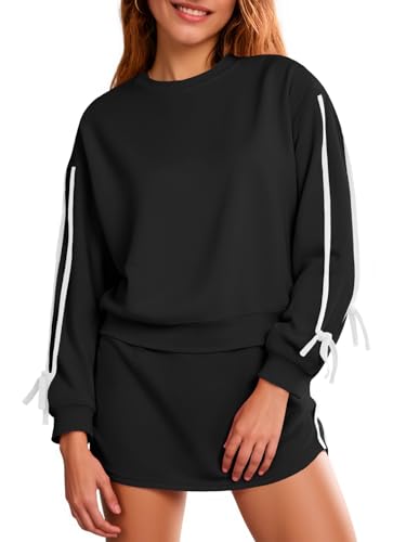 Fisoew Womens 2 Piece Outfits Casual Crewneck Tie Sweatshirt High Waisted Running Skort Skirts Workout Tracksuit Sets