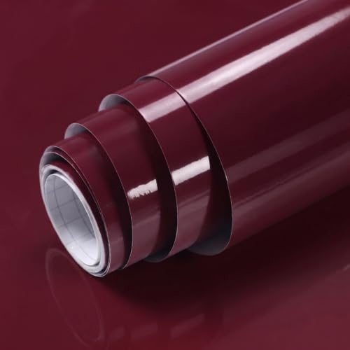 Image of HOME13 Glossy Wallpaper Peel and Stick Maroon Contact Paper Self Adhesive Wall Paper Decorative Removable Waterproof Vinyl Wall Sticker for Kitchen Cabinets Shelves Drawers(20x80 Inch)