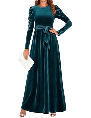 ZESICA Women's Velvet Maxi Dress Fall 2025 Long Puff Sleeve Crew Neck Elastic High Waist Cocktail Party Bridesmaid Dresses,TealGreen,Large