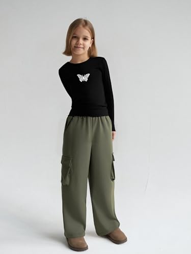 Image of Azmxynol Girls Clothes 2 Piece Outfit Ribbed T-Shirt Top + Cargo Pants, Girls Fall Clothing Set, Sizes 5-16 Years