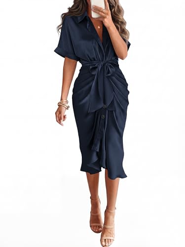BTFBM Dresses for Women Summer Button Short Sleeve Silk Satin
