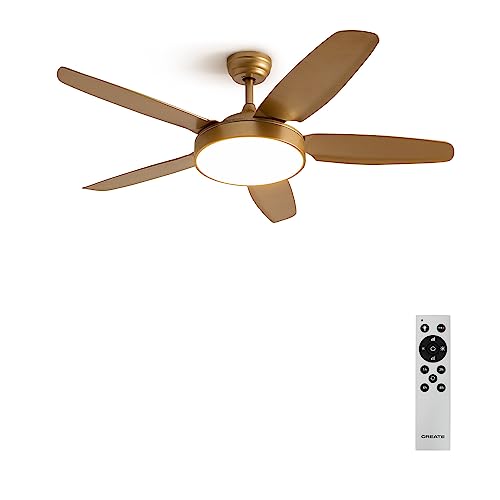 CREATE / WINDFLAT/Ventilador de techo con luz oro con mando/Función verano-invierno, motor DC, 6 velocidades, temporizador 1 a 4h, 3 temperaturas de luz, 2 alturas, 40W, Ø132 cm