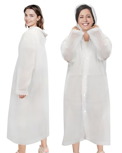 WkrCyncharis Rain Ponchos for Adults Reusable (2 Pack), Waterproof EVA Raincoats with Hood & Drawstring for Women & Men, White