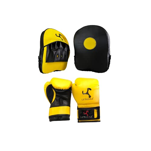 Training Boxing Gloves 10oz and Hand Pads Set Black for Boxing, Kickboxing, MMA, Muay Thai and Workout Exercises (Yellow)