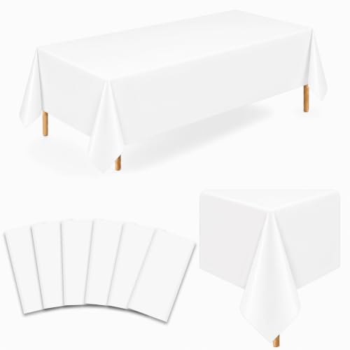 Image of 6 Pack White Plastic Tablecloths, 54 x 108 Inch Disposable Covers | Ideal for Weddings, Bridal Showers, Birthdays and Graduations, Helping Protect Tabletops and Simplify Event Cleanup