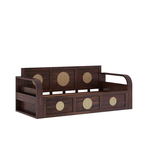 Image of Ganpati Arts Solid Sheesham Wood Cosmos 3 Seater Sofa Cum Bed with Headboard Design for Living Room Wooden Furniture Sofa Bed for Home - Walnut Finish 3 Year Warranty