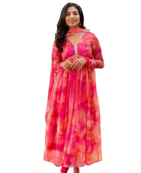 Women's Green Tie-Dye Anarkali Kurta with Churidar and Dupatta, Full Sleeves, Embellished Neckline-image-30