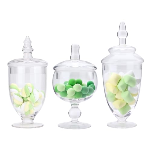 Stella Baic Set of 3 Apothecary Jar Glass Glass Apothecary Jars with Lids Clear Candy Jars for Candy Buffet Decorative Jar for Display Party and Wedding Elegant Candy Canisters Set