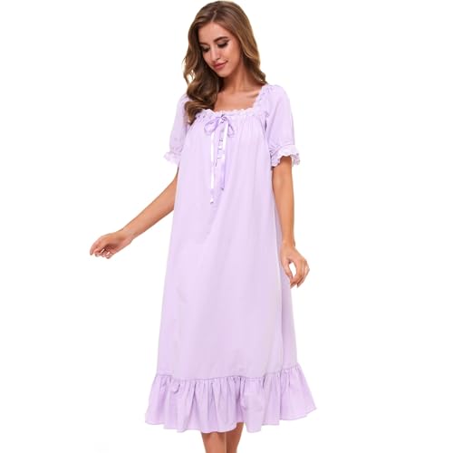 Image of Lu's Chic Women's Victorian Nightgown Cotton Sleepwear Long Loungewear Short Sleeve Vintage