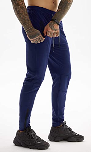 ASKSA Calça de moletom masculina para corrida com bolsos com zíper e ajuste slim, Azul marino, GG