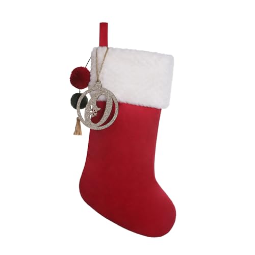 Pxniy Personalized Red Velvet Christmas Stocking, Gold Wooden Initial