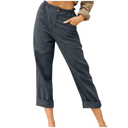 Pantalon 3/4 fluide en lin léger avec taille haute élastique réglable